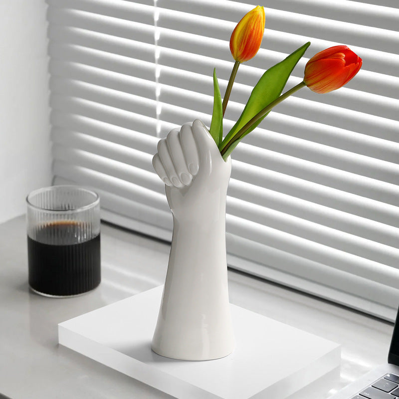 Hand-Shaped Ceramic Vase White