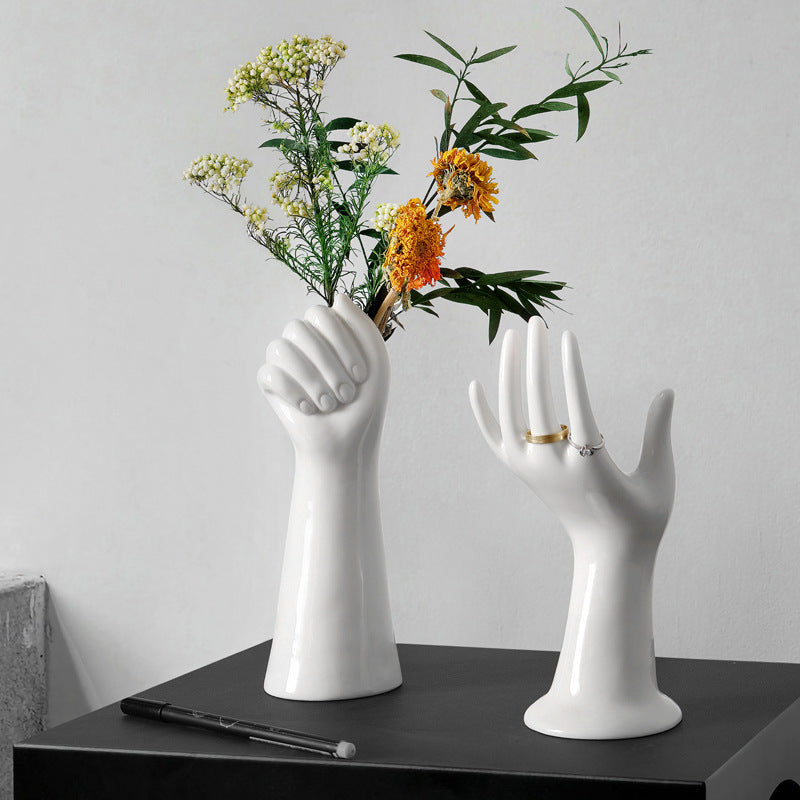 Hand-Shaped Ceramic Vase White