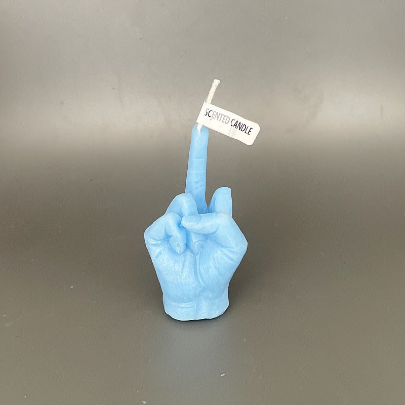 Big middle finger candle light blue