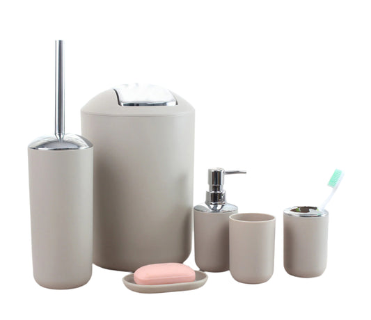  soap dispenser, toothbrush holder, tumbler, soap dish, and toilet brush with a matching holder. 